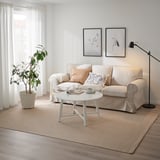 Egongela modernoa, beige alfonbra, sofa, erdiko mahaia, lanpara, landarea eta koadroak dituena.