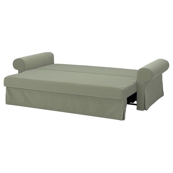 Sofa ohea VRETSTORP berdea, besoak bilduta, tapizeria leuna eta biltegia erantsita.