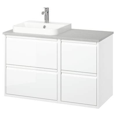 Vanidade de baño moderna branca, montada na parede con 4 caixóns, deseño elegante, billa cromada, lavabo de mármore.