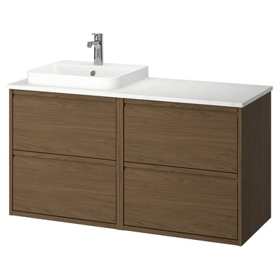 Vaidade de baño moderna, ÄNGSJÖN en carballo marrón, montado na parede con lavabo de mármore, elegantes mangos minimalistas.