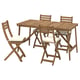 Conxunto de comedor ao aire libre ASKHOLMEN en madeira natural con 4 cadeiras plegables e coxíns.