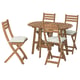 Conxunto de comedor exterior de madeira con 4 cadeiras e coxíns, plegable.