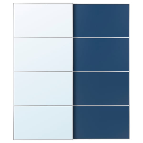 Unha porta deslizante AULI en branco e azul escuro, mostrando deseños de espello e paneis.