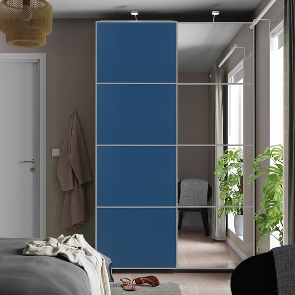 AULI / MEHAMN Portas corredizas, 2 uds, aluminio espello/ambos lados azul, 150x236 cm