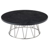 Soporte de torta de mármore negro redondo. Catro patas metálicas cromadas con soportes en forma de V. Deseño moderno e elegante.