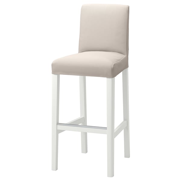 Taburete de bar BERGMUND, beige, coxín de tecido sobre base metálica branca, soporte de costas, cómodo.