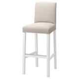 Taburete de bar BERGMUND, beige, coxín de tecido sobre base metálica branca, soporte de costas, cómodo.