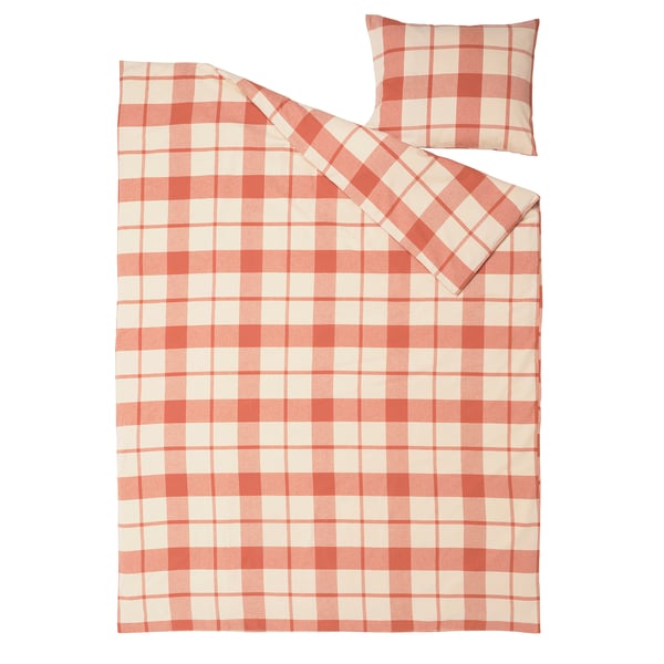 Conxunto plano de roupa de cama laranxa-marrón: duvet e almofada, 100% algodón.