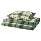 Conxunto de roupa de cama a cadros verde e branco, inclúe duvet e fundas de almofadas, dobradas ordenadamente. Feito de flanel de algodón suave e cálido.