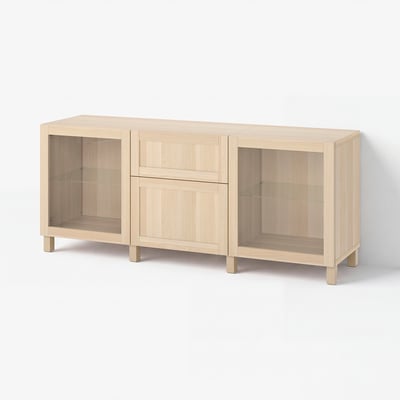 BESTÅ Almacenaxe con caixóns, efecto carballo tintura branca Hanviken/Sindvik/Stubbarp ef carbal tint br vidr incol, 180x42x74 cm