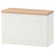 Unidade de almacenamento branco BESTÅ con parte superior de madeira, rectangular, deseño sinxelo.