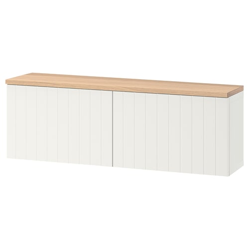 Sideboard branco BESTÅ, rectangular con parte superior de madeira, montado na parede, deseño moderno, bisagras ocultas.