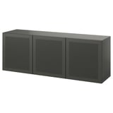 Un sideboard BESTÅ gris escuro con tres portas de malla, que ofrece almacenamento moderno e elegante.