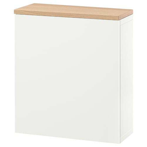 Un armario de almacenamento branco BESTÅ. A súa rectangular, cunha parte superior de madeira. Feito de taboleiro de partículas e cuberto con papel branco.