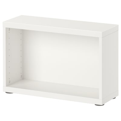 Unidade branca de estantes BESTÅ, forma rectangular, deseño minimalista, pés axustables.
