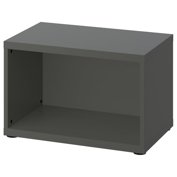 Unidade de almacenamento BESTÅ gris, estante aberto, taboleiro de fibra e taboleiro de partículas, pés axustables.