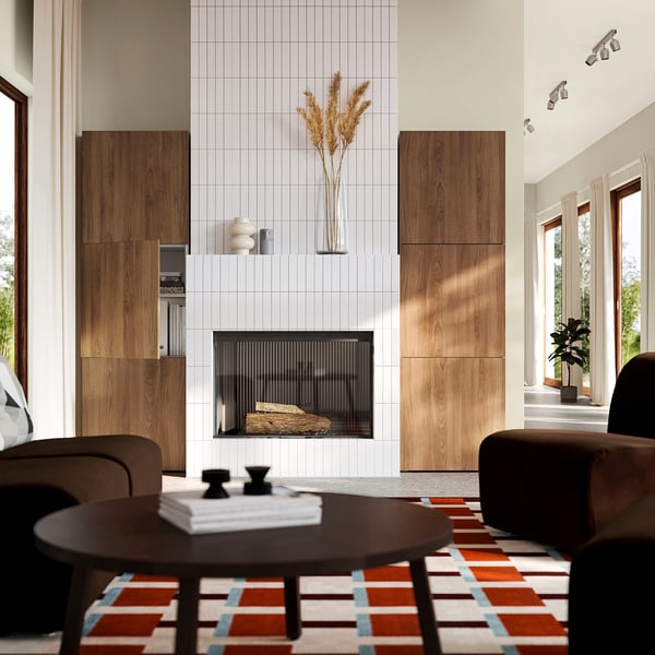 BESTÅ Moble salón, branco marrón/Lappviken efecto nogueira, 120x42x193 cm