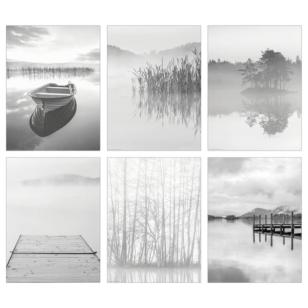 Seis imaxes de natureza en branco e negro, incluíndo un barco, peirao, árbores e escenas de lago dispostas nunha reixa.