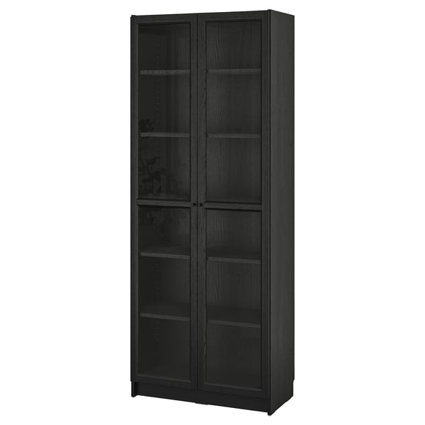 Libraría BILLY negra, alta con portas de vidro, acabado de madeira escura, axusta estantes.