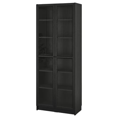 Libraría BILLY negra, alta con portas de vidro, acabado de madeira escura, axusta estantes.