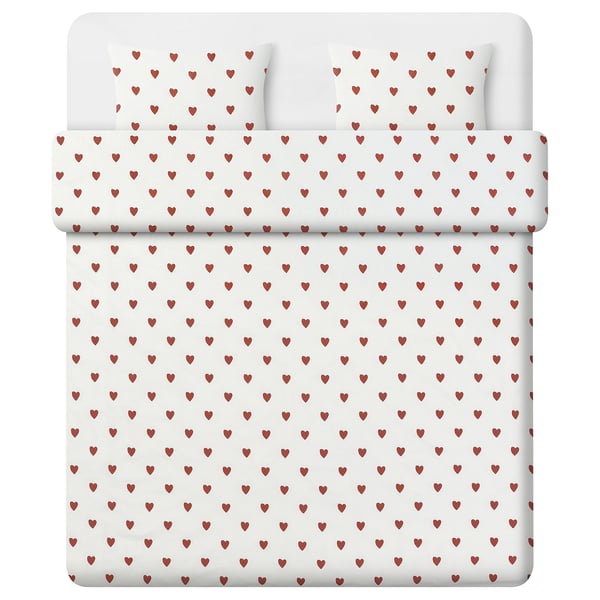 Conxunto de roupa de cama branca con corazóns vermellos, feitos de algodón e viscosa, unha funda de duvet e dúas fundas de almofada.