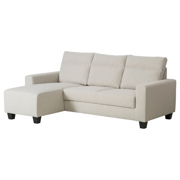 Un sofá seccional BOLLSTANÄS en tecido gris claro cunha chaise lounge no lado esquerdo, proporcionando unha zona de estar acolledora e de apoio.