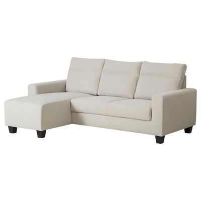 Un sofá seccional BOLLSTANÄS en tecido gris claro cunha chaise lounge no lado esquerdo, proporcionando unha zona de estar acolledora e de apoio.