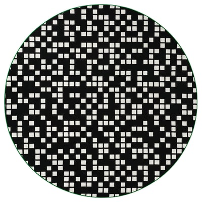 Alfombra BRÄNNBOLL, negra con cadrados brancos, bordo verde, redondo, suave, antideslizante, sintético.