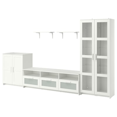 Unidade de almacenamento modular branca BRIMNES con banco de televisión, armarios, estantes de parede e estante de vidro. Elegante e moderno con estantes axustables.