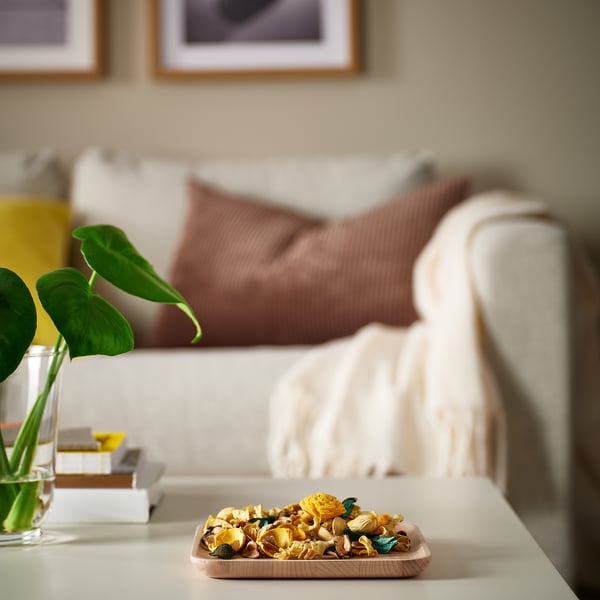 Sala de estar acolledora: sofá branco, almofadas marróns, bandexa de potpourri sobre a mesa, planta verde.