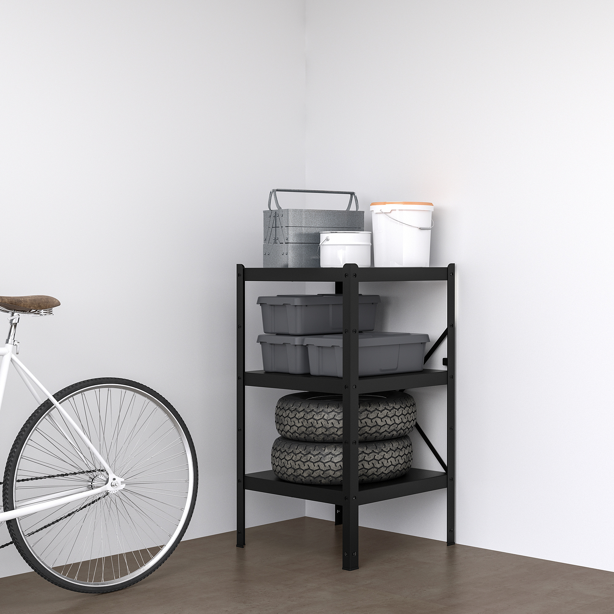 Unidade de almacenamento BROR con pneumáticos e colectores, bicicleta preto.