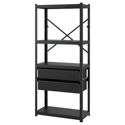 Esta imaxe mostra unha unidade de almacenamento de metal negro con caixóns. É robusto, versátil e perfecto para almacenar obxectos pesados.
