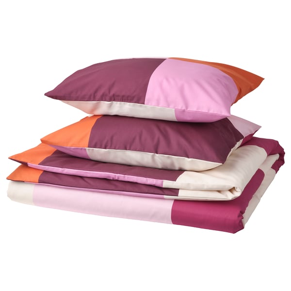 Roupa de cama BRUNKRISSLA: rosa, laranxa, cadrado branco. Algodón-viscosa. Inclúe fundas de almofadas e almofadas.