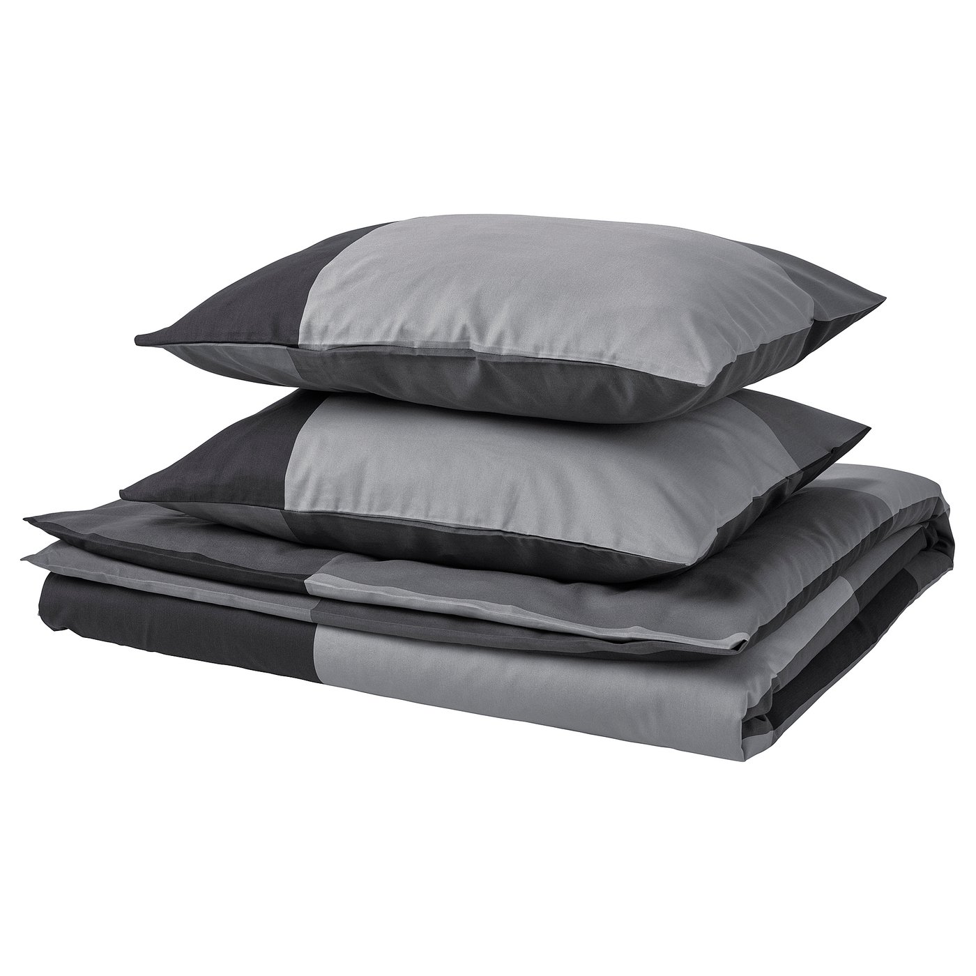 Roupa de cama gris BRUNKRISSLA apilada - edredón e almofadas. Mestura suave, rectangular, de algodón/viscosa con brillo suave.
