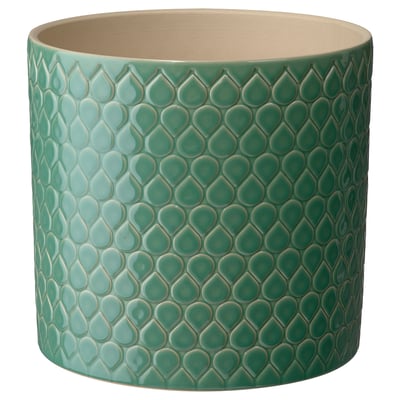 Plantadora de gres verde CHIAFRÖN, cilíndrica con patrón de follas elevadas.