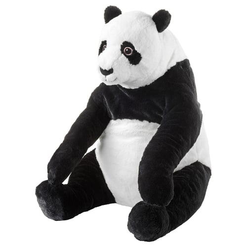Un xoguete de panda de peluche chamado DJUNGELSKOG. O seu branco e negro, feito de poliéster reciclado, sentado en posición vertical, cun aspecto amigable e suave.
