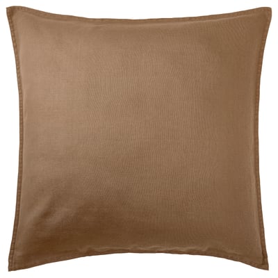 Coxín de liño beige escuro con cremalleira, textura suave.