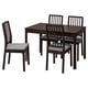 Esta imaxe mostra un conxunto de comedor de madeira marrón escuro EKEDALEN con catro cadeiras e unha mesa rectangular, con asentos acolchados.