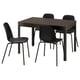 Opción: Mesa de comedor cadrada marrón, catro cadeiras negras, elegantes pernas metálicas.