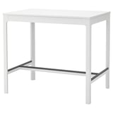 Unha mesa de bar branca EKEDALEN cunha parte superior rectangular e patas metálicas.