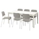 EKEDALEN: mesa de comedor branca extensible, conxunto de 6 cadeiras con tecido gris, deseño moderno.