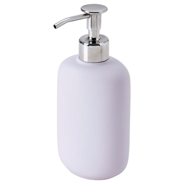 Dispensador de xabón de gres de lavanda con bomba de cromo, elegante deseño moderno.