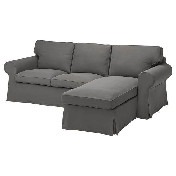 Sofá seccional gris EKTORP, tecido liso en forma de L, deseño clásico moderno.