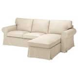 EKTORP; sofá seccional beige; acolchado con poliéster suave e reciclado; deseño en forma de L; coxíns cómodos e cómodos.