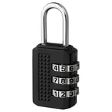 Cadeado combinado negro con código de 4 números, corpo de cinc, gancho cromato, forma cadrada e agarre texturizado.