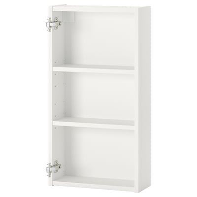 Armario de parede branco, parte da serie ENHET, con dous estantes. Feito de taboleiro de fibra e taboleiro de partículas, ten forma rectangular.