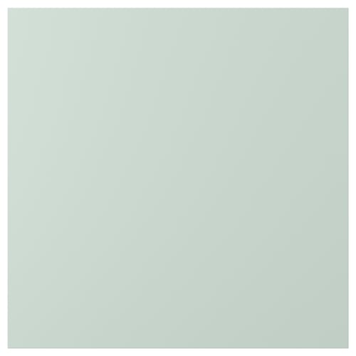 Unha porta de armario ENHET gris-verde pálido cunha superficie lisa e forma rectangular. A porta está feita de taboleiro de partículas e cuberta con papel de plástico.