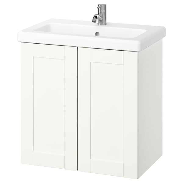vaidade de baño branco ENHET; montado en parede, dúas portas, lavabo cerámico, billa cromada.