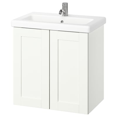 vaidade de baño branco ENHET; montado en parede, dúas portas, lavabo cerámico, billa cromada.