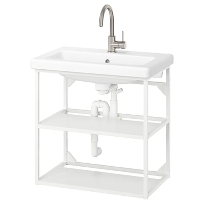 Configuración de lavabo de baño ENHET branco con marco metálico e fontanería visible.